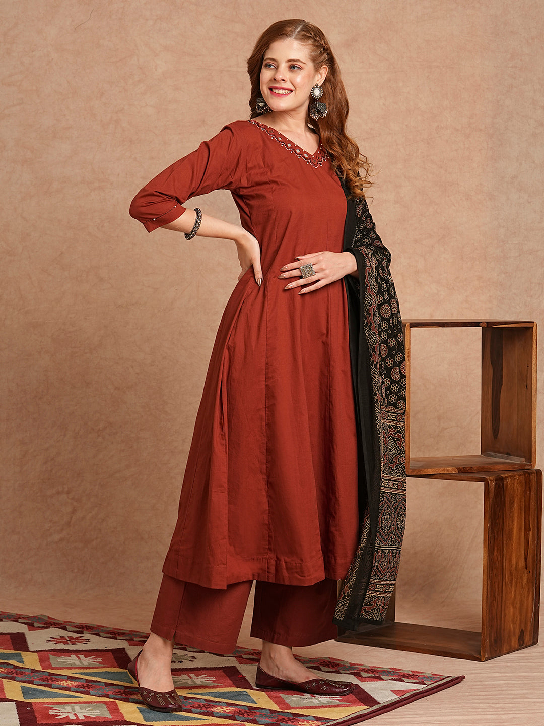 Solid Mirror Embroidered Anarkali Kurta with Palazzo and Dupatta - Rust