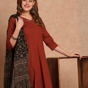 Solid Mirror Embroidered Anarkali Kurta with Palazzo and Dupatta - Rust