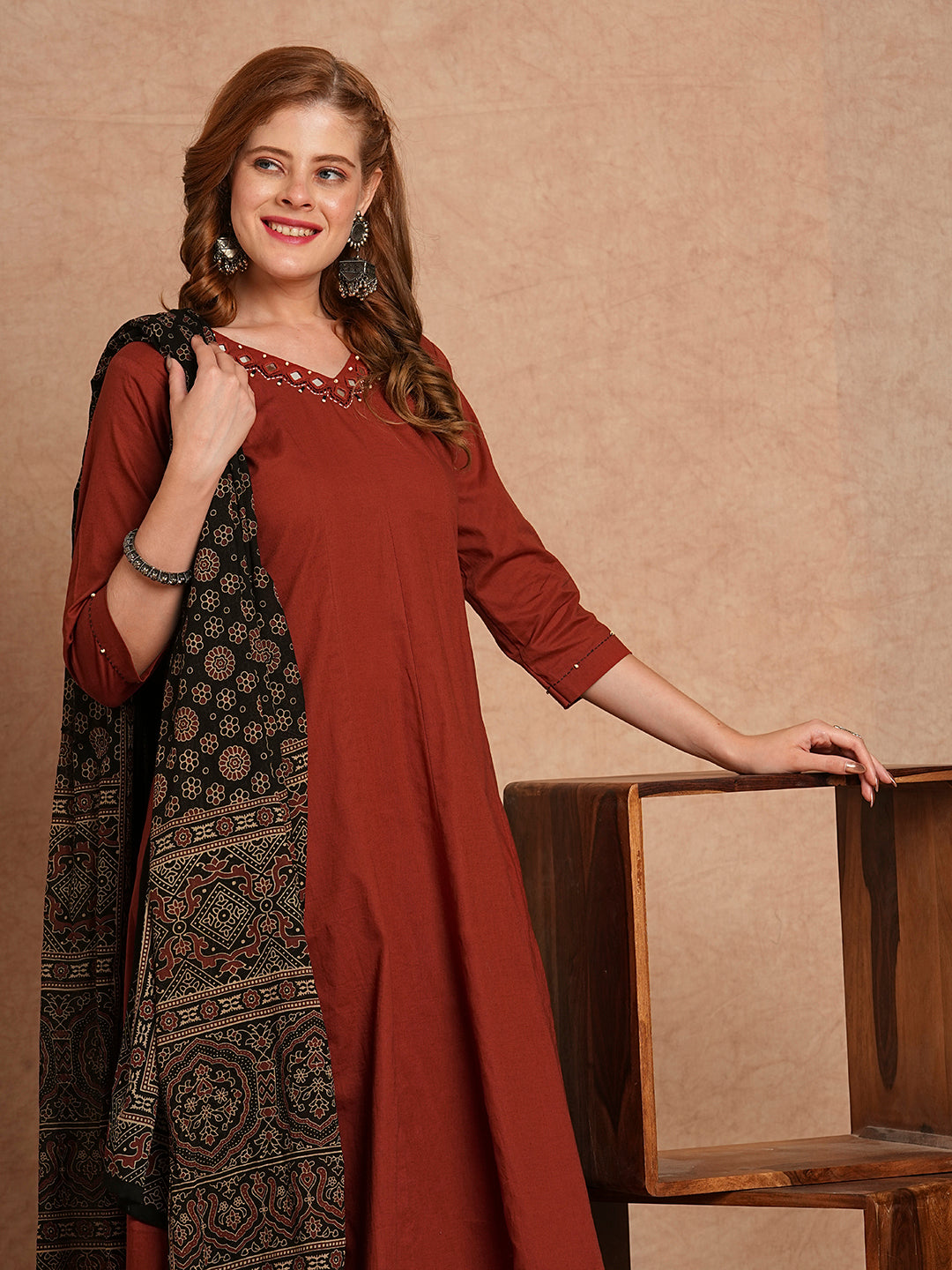 Solid Mirror Embroidered Anarkali Kurta with Palazzo and Dupatta - Rust