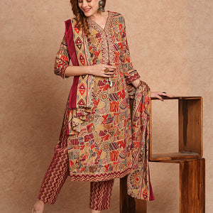 Ethnic Foil Printed & Embroidered Straight Kurta with Pant & Dupatta - Maroon