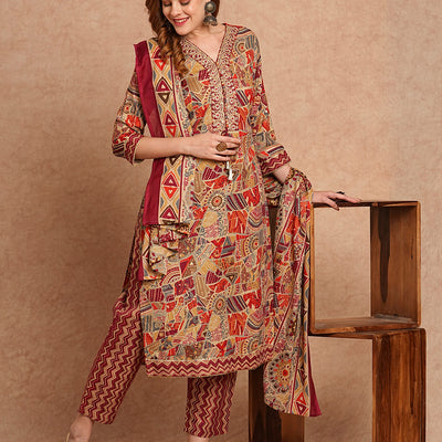 Ethnic Foil Printed & Embroidered Straight Kurta with Pant & Dupatta - Maroon