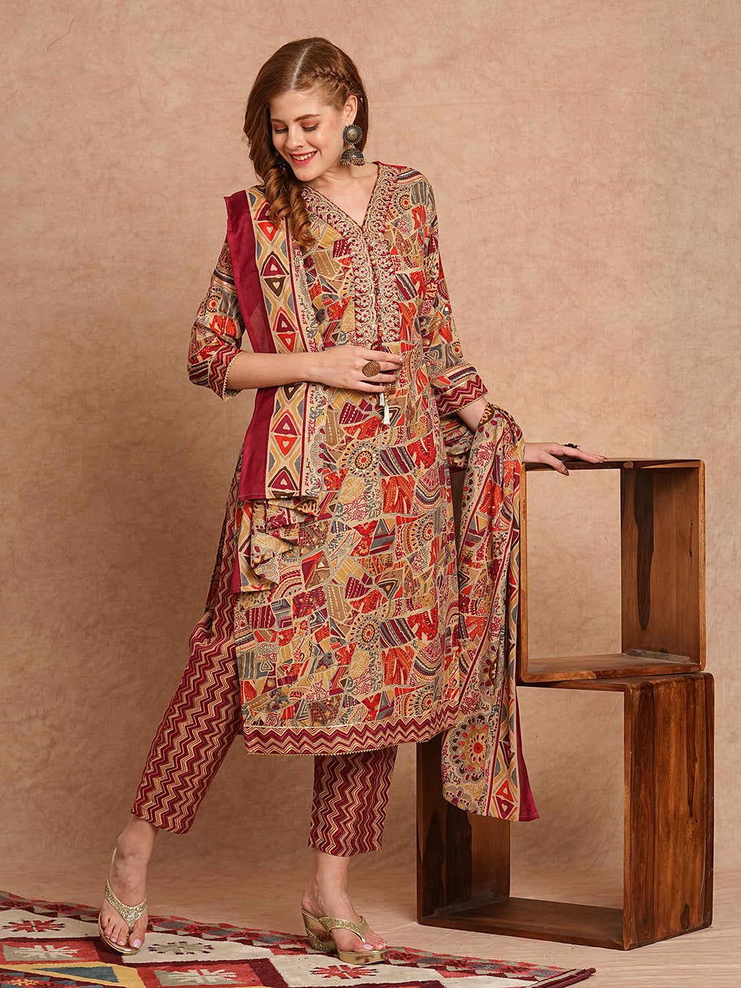 Ethnic Foil Printed & Embroidered Straight Kurta with Pant & Dupatta - Maroon