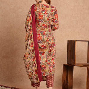 Ethnic Foil Printed & Embroidered Straight Kurta with Pant & Dupatta - Maroon