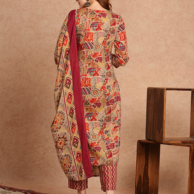 Ethnic Foil Printed & Embroidered Straight Kurta with Pant & Dupatta - Maroon