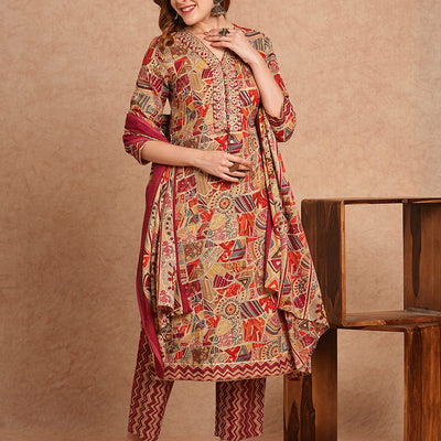 Ethnic Foil Printed & Embroidered Straight Kurta with Pant & Dupatta - Maroon