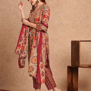 Ethnic Foil Printed & Embroidered Straight Kurta with Pant & Dupatta - Maroon