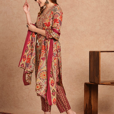 Ethnic Foil Printed & Embroidered Straight Kurta with Pant & Dupatta - Maroon