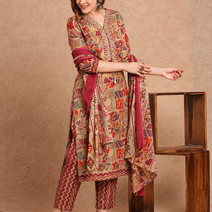 Ethnic Foil Printed & Embroidered Straight Kurta with Pant & Dupatta - Maroon