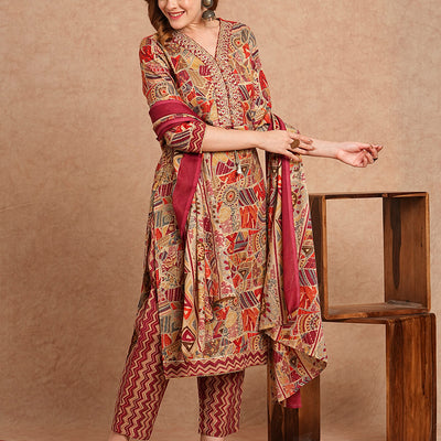 Ethnic Foil Printed & Embroidered Straight Kurta with Pant & Dupatta - Maroon