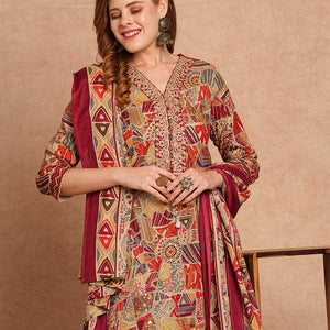 Ethnic Foil Printed & Embroidered Straight Kurta with Pant & Dupatta - Maroon