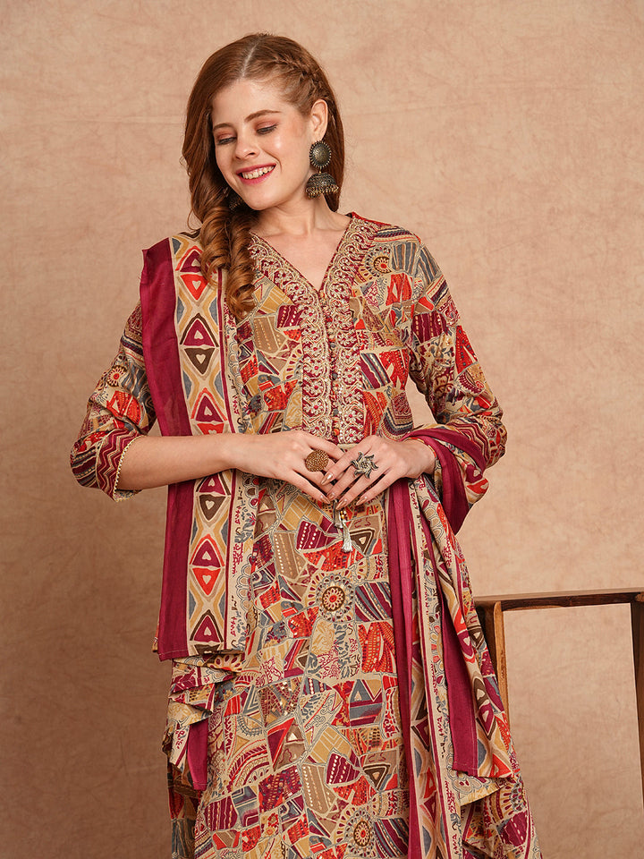 Ethnic Foil Printed & Embroidered Straight Kurta with Pant & Dupatta - Maroon