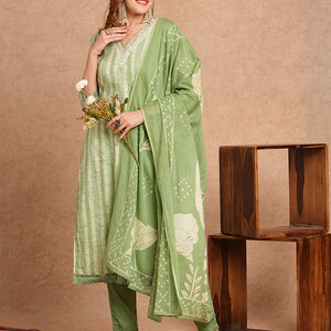 Stripes Printed & Embroidered Kurta with Pant & Pure Cotton Dupatta - Green