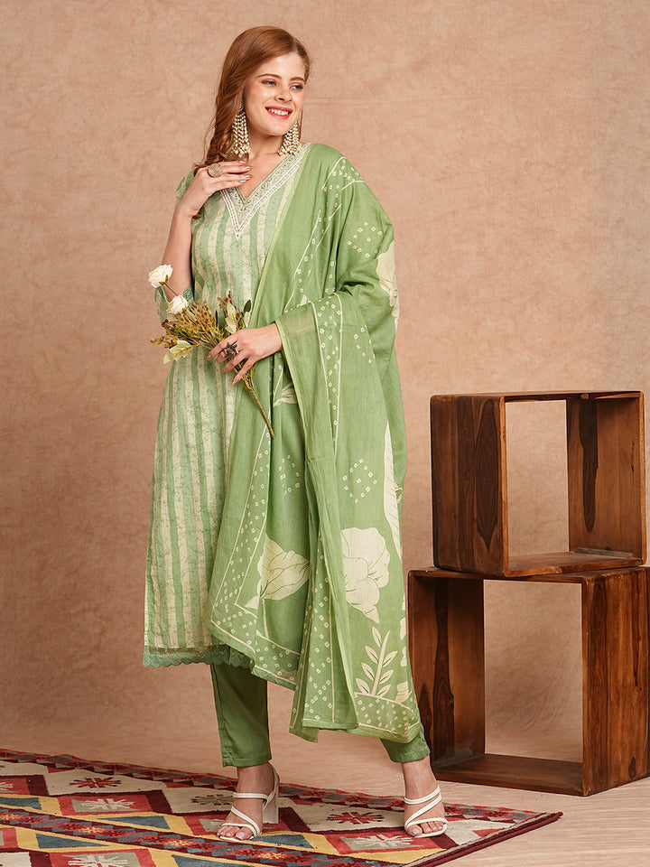 Stripes Printed & Embroidered Kurta with Pant & Pure Cotton Dupatta - Green