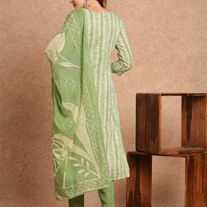 Stripes Printed & Embroidered Kurta with Pant & Pure Cotton Dupatta - Green