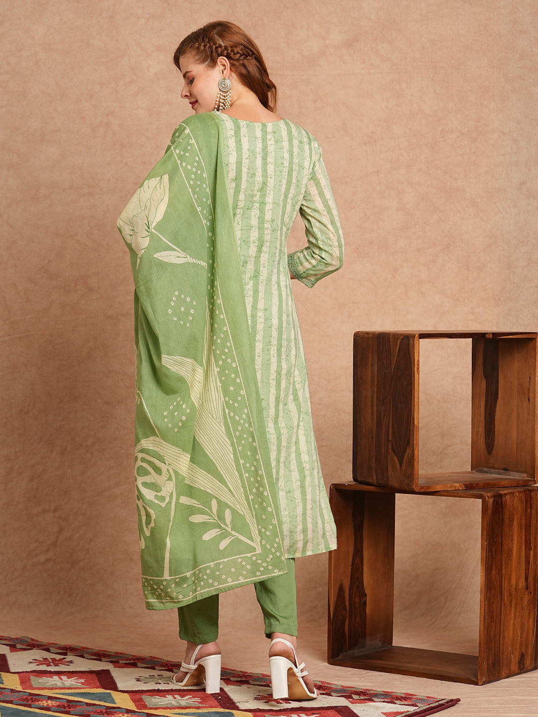 Stripes Printed & Embroidered Kurta with Pant & Pure Cotton Dupatta - Green