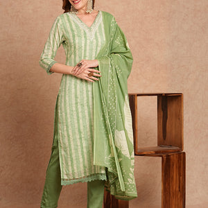 Stripes Printed & Embroidered Kurta with Pant & Pure Cotton Dupatta - Green