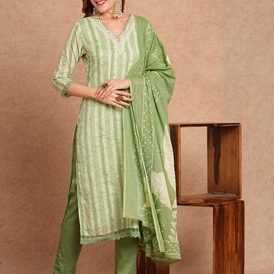 Stripes Printed & Embroidered Kurta with Pant & Pure Cotton Dupatta - Green