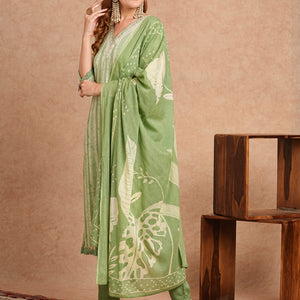 Stripes Printed & Embroidered Kurta with Pant & Pure Cotton Dupatta - Green