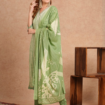 Stripes Printed & Embroidered Kurta with Pant & Pure Cotton Dupatta - Green