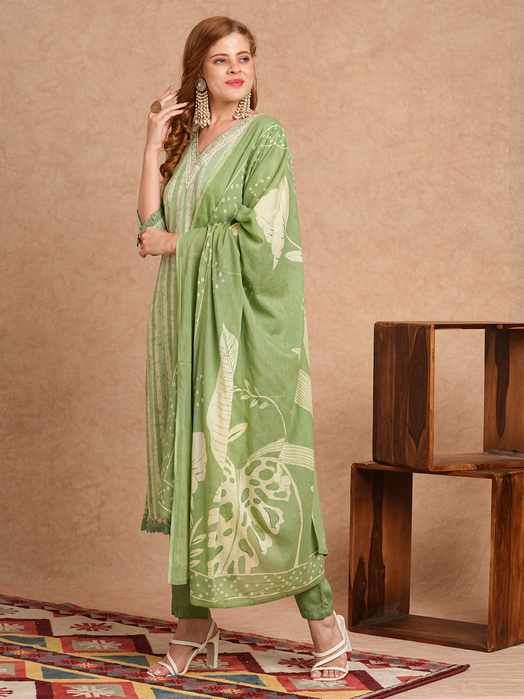 Stripes Printed & Embroidered Kurta with Pant & Pure Cotton Dupatta - Green