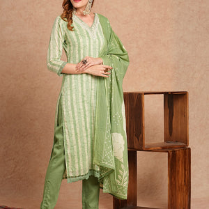 Stripes Printed & Embroidered Kurta with Pant & Pure Cotton Dupatta - Green