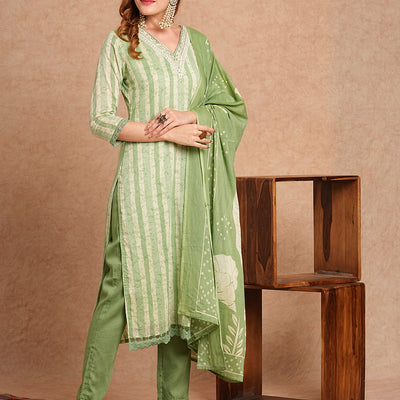 Stripes Printed & Embroidered Kurta with Pant & Pure Cotton Dupatta - Green