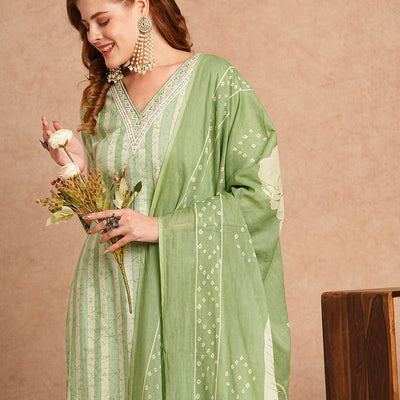 Stripes Printed & Embroidered Kurta with Pant & Pure Cotton Dupatta - Green