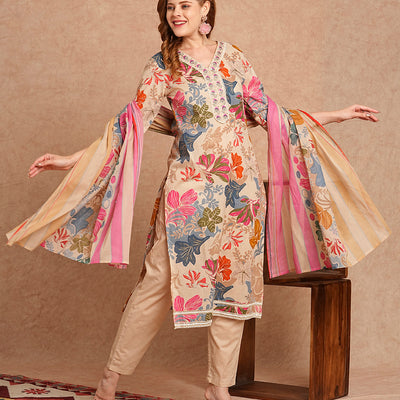 Ethnic Floral Printed & Embroidered Straight Kurta with Pant & Dupatta - Beige