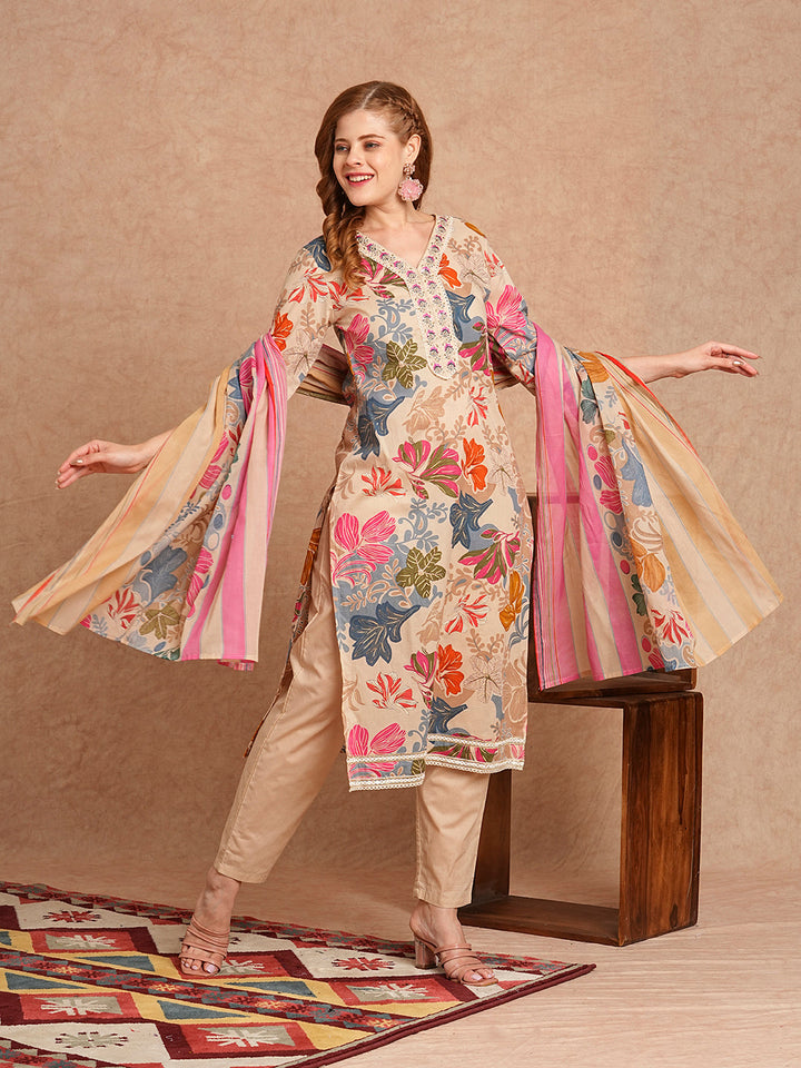 Ethnic Floral Printed & Embroidered Straight Kurta with Pant & Dupatta - Beige