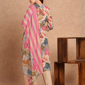 Ethnic Floral Printed & Embroidered Straight Kurta with Pant & Dupatta - Beige