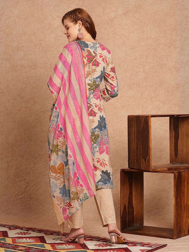 Ethnic Floral Printed & Embroidered Straight Kurta with Pant & Dupatta - Beige