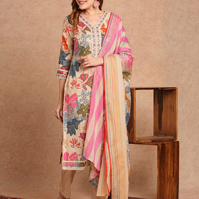 Ethnic Floral Printed & Embroidered Straight Kurta with Pant & Dupatta - Beige