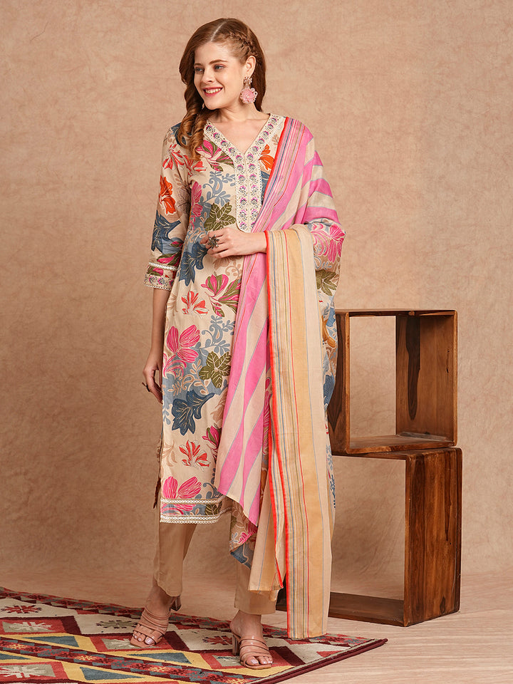 Ethnic Floral Printed & Embroidered Straight Kurta with Pant & Dupatta - Beige