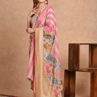 Ethnic Floral Printed & Embroidered Straight Kurta with Pant & Dupatta - Beige
