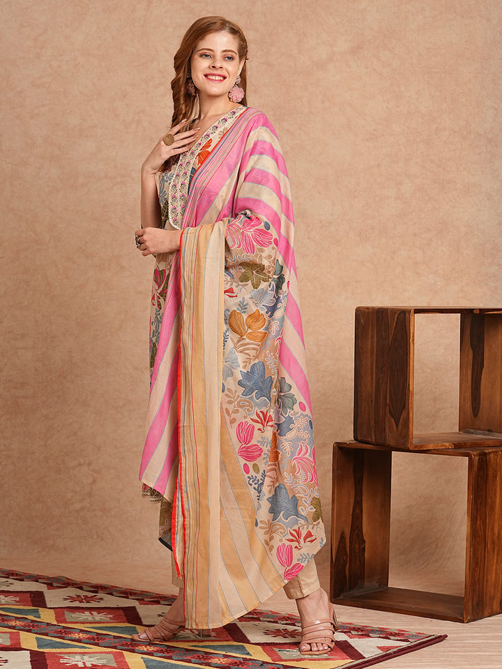 Ethnic Floral Printed & Embroidered Straight Kurta with Pant & Dupatta - Beige