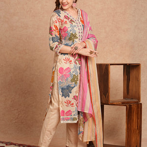 Ethnic Floral Printed & Embroidered Straight Kurta with Pant & Dupatta - Beige