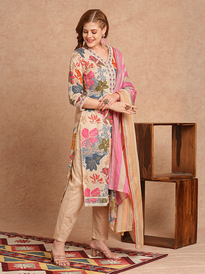 Ethnic Floral Printed & Embroidered Straight Kurta with Pant & Dupatta - Beige