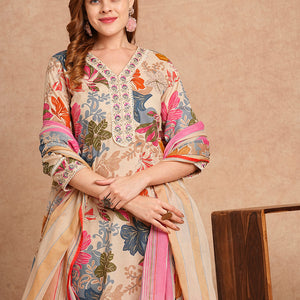 Ethnic Floral Printed & Embroidered Straight Kurta with Pant & Dupatta - Beige