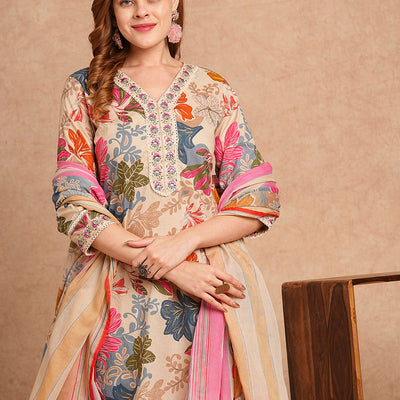 Ethnic Floral Printed & Embroidered Straight Kurta with Pant & Dupatta - Beige