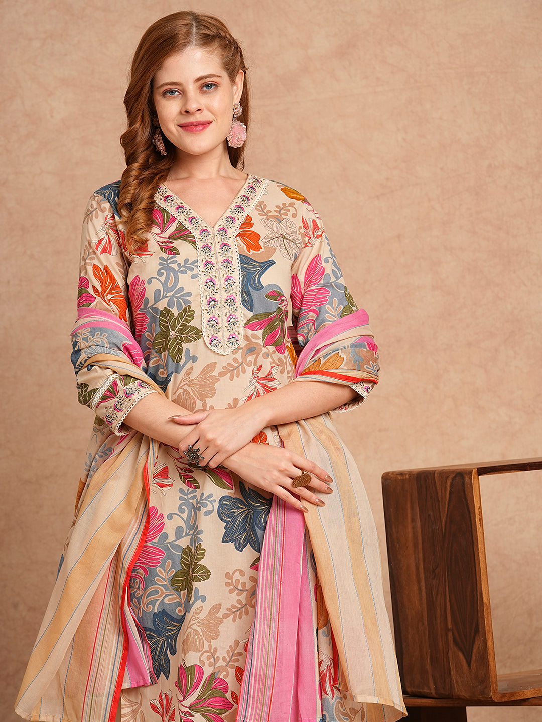 Ethnic Floral Printed & Embroidered Straight Kurta with Pant & Dupatta - Beige