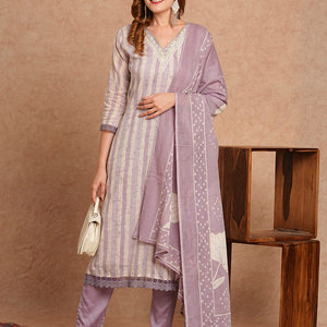 Ethnic Stripes Printed Straight Fit Kurta with Pant and Pure Cotton Printed Dupatta - Lavender