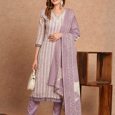 Ethnic Stripes Printed Straight Fit Kurta with Pant and Pure Cotton Printed Dupatta - Lavender