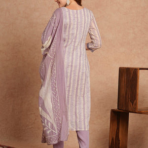Ethnic Stripes Printed Straight Fit Kurta with Pant and Pure Cotton Printed Dupatta - Lavender