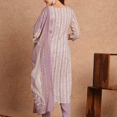 Ethnic Stripes Printed Straight Fit Kurta with Pant and Pure Cotton Printed Dupatta - Lavender