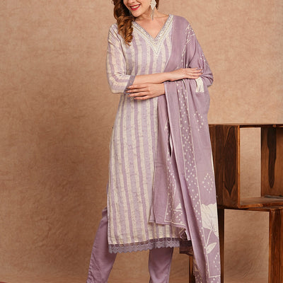 Ethnic Stripes Printed Straight Fit Kurta with Pant and Pure Cotton Printed Dupatta - Lavender