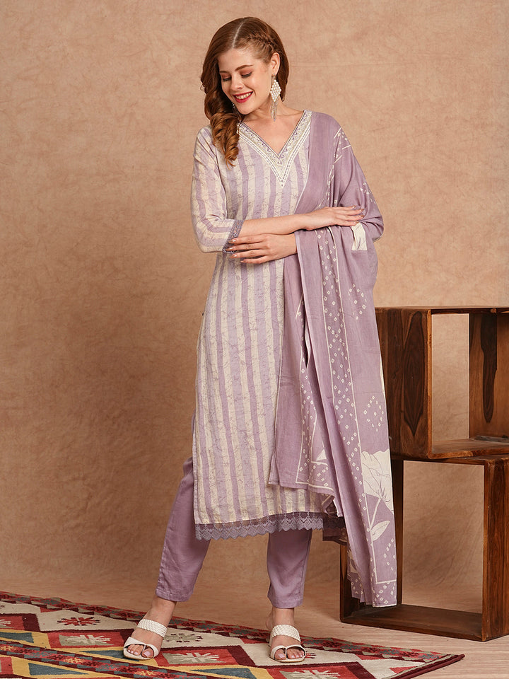 Ethnic Stripes Printed Straight Fit Kurta with Pant and Pure Cotton Printed Dupatta - Lavender