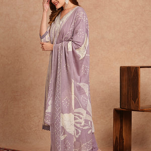 Ethnic Stripes Printed Straight Fit Kurta with Pant and Pure Cotton Printed Dupatta - Lavender