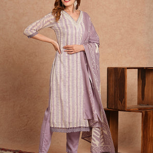 Ethnic Stripes Printed Straight Fit Kurta with Pant and Pure Cotton Printed Dupatta - Lavender