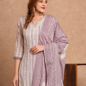 Ethnic Stripes Printed Straight Fit Kurta with Pant and Pure Cotton Printed Dupatta - Lavender