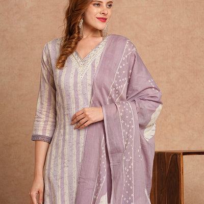 Ethnic Stripes Printed Straight Fit Kurta with Pant and Pure Cotton Printed Dupatta - Lavender